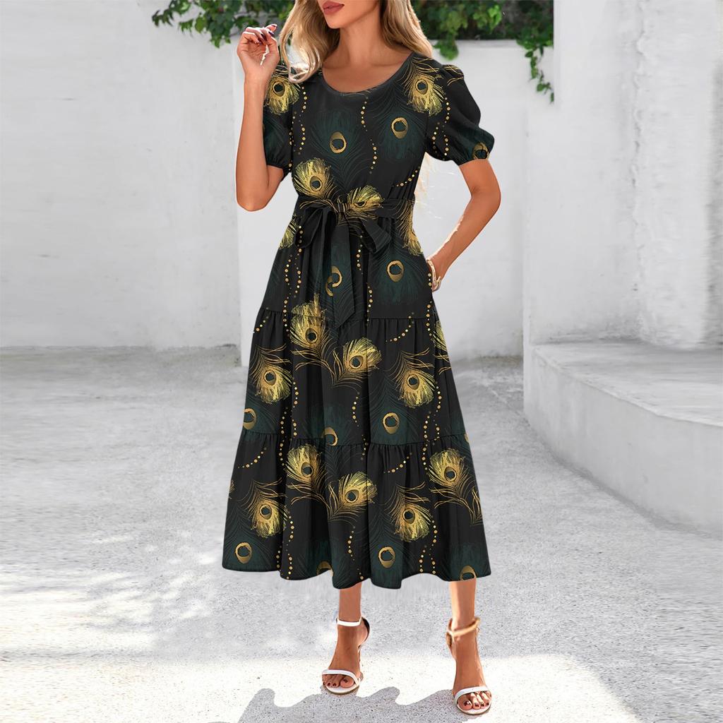 Women's Summer Short Sleeve Round Neck Waistband Bohemian Flowy Layered Maxi Dress With Pockets