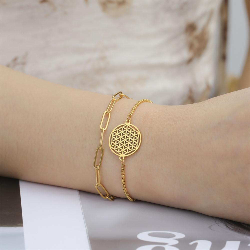 My Shape Flower of Life Bracelets 2 Layers Chains Combination Bracelet Stainless Steel Bangle Tree of Life Charms Jewelry Amulet