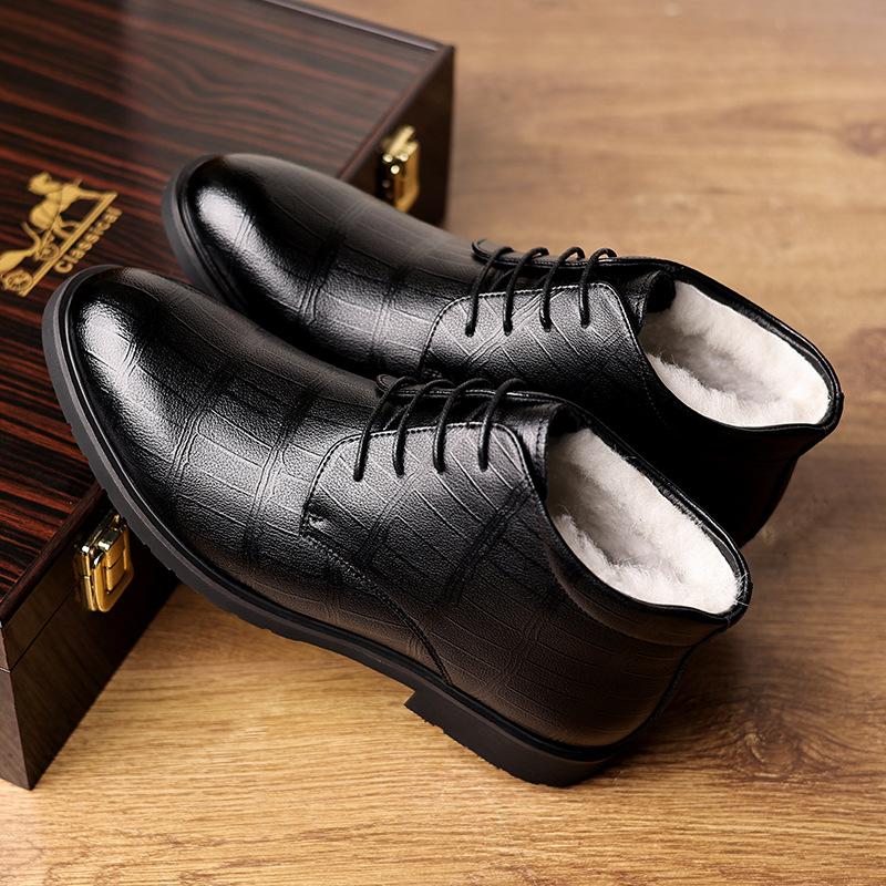 Cotton shoes men's winter velvet formal snow boots British style casual thickened warm high-top lace-up cotton leather shoes