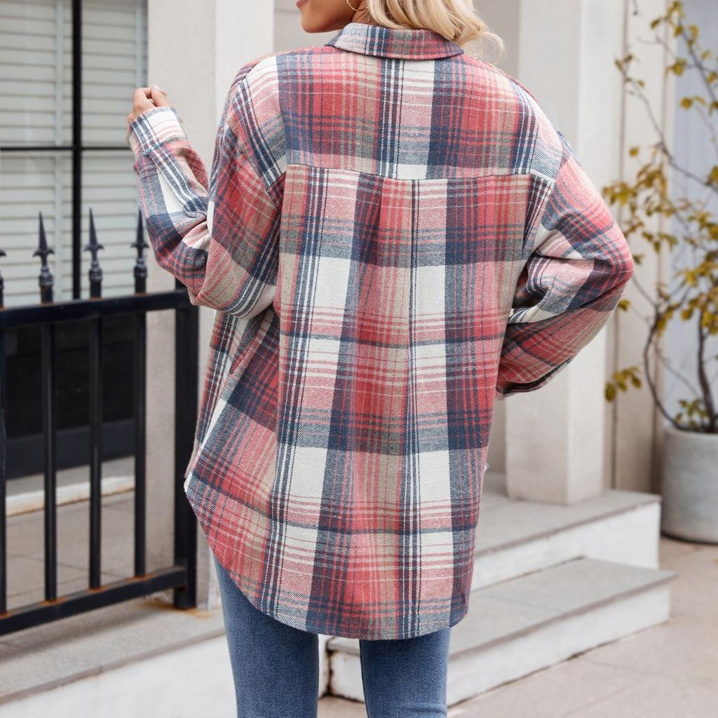Modische, weit karierte Hemdjacke für Damen mit langen Ärmeln und losen Knöpfen