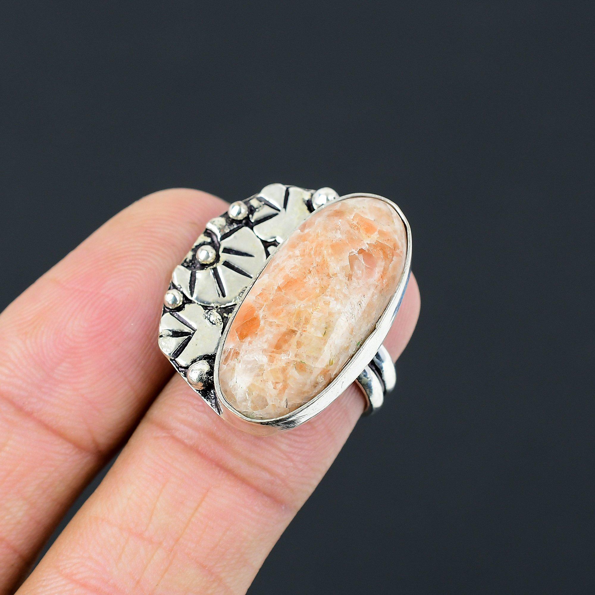 Daughters Day Sale Sterling Silver Natural Sunstone Statement Ring Jewelry US 6 6