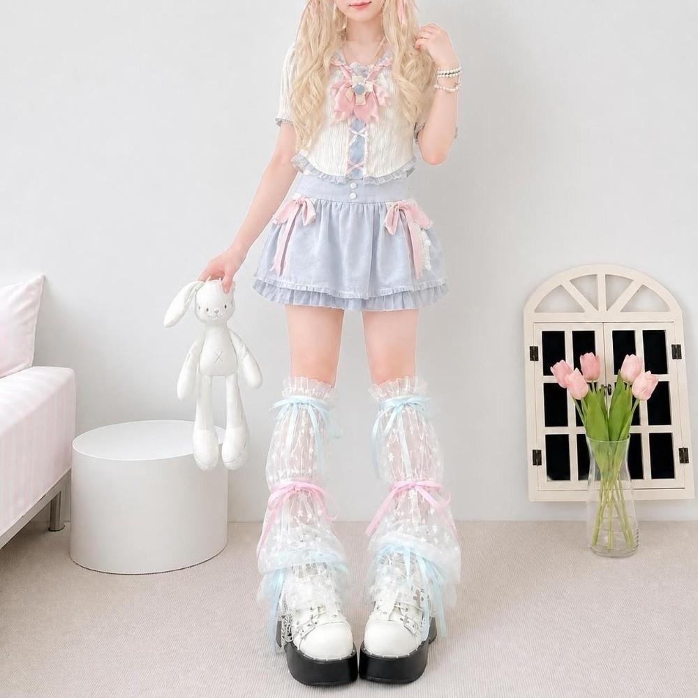 Mesh Fabric Calf Covers Double Ribbon Bow Knee High Socks Retro Leg Warmers  Japanese Fashion