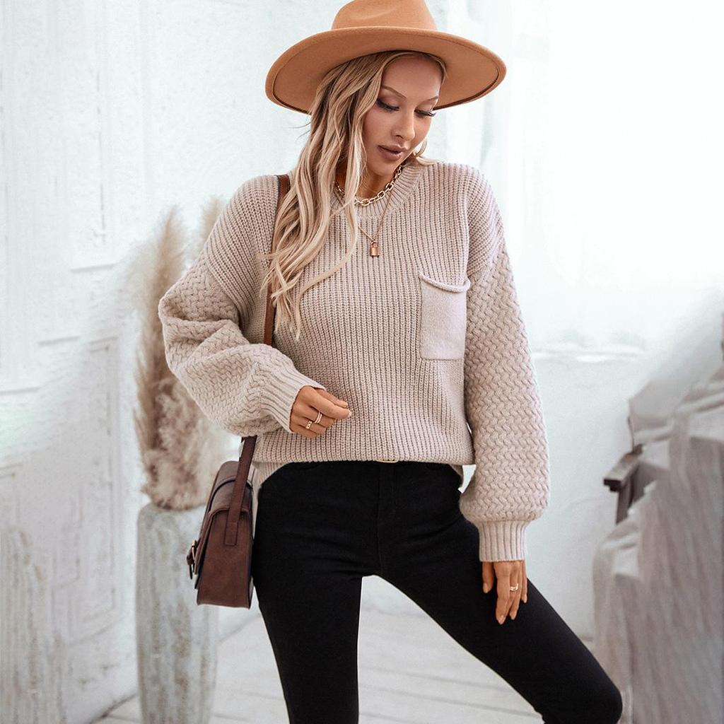 Outono Inverno Vintage Solto Manga Longa Top Cor Sólida Pulôver Malhas Suéter Gola O