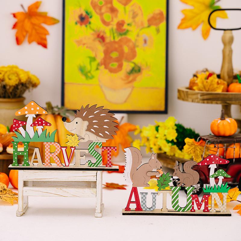 Stylish Harvest Season Wooden Animal Display Featuring Hedgehog And Designs Squirrel