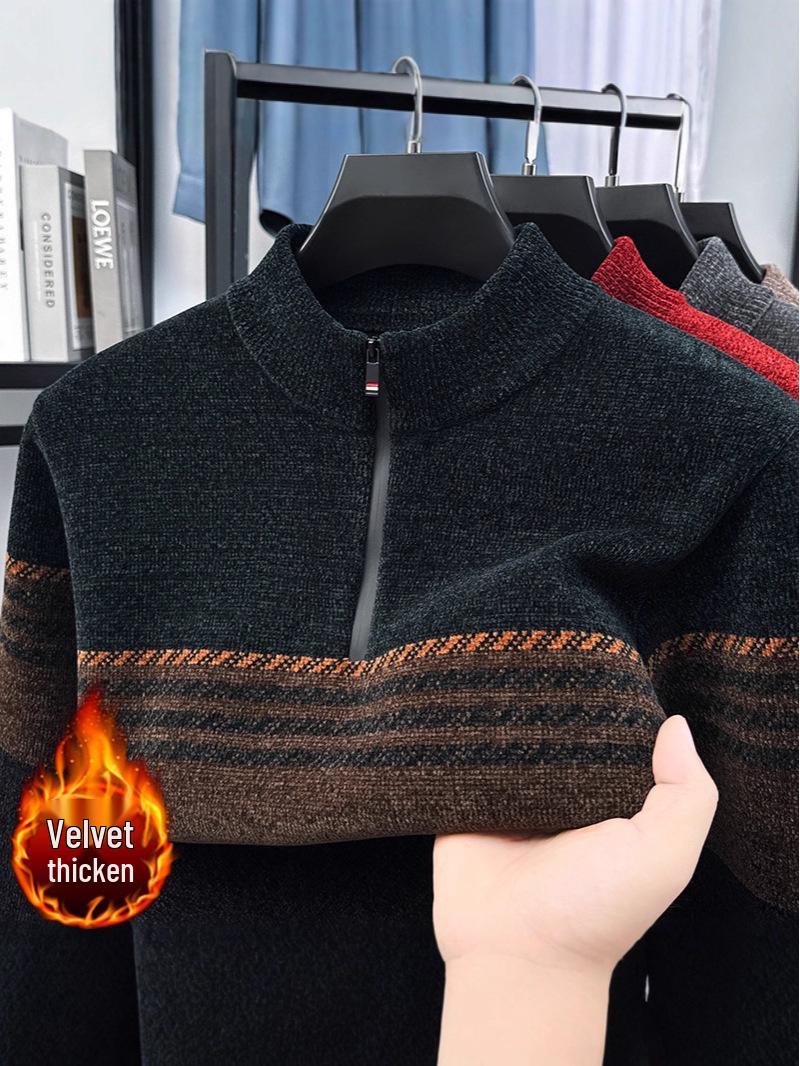 Men s Winter Half-Zip Chenille Fleece Sweater: Warm, Fashionable Color Block Knitwear with Stand Collar XXL