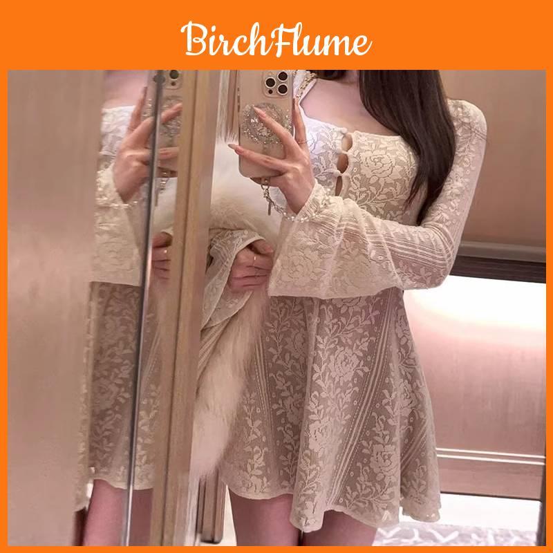 French Lace Hollow Long Sleeve Dress For Ladies Autumn Winter Chic Aline Short Skirt