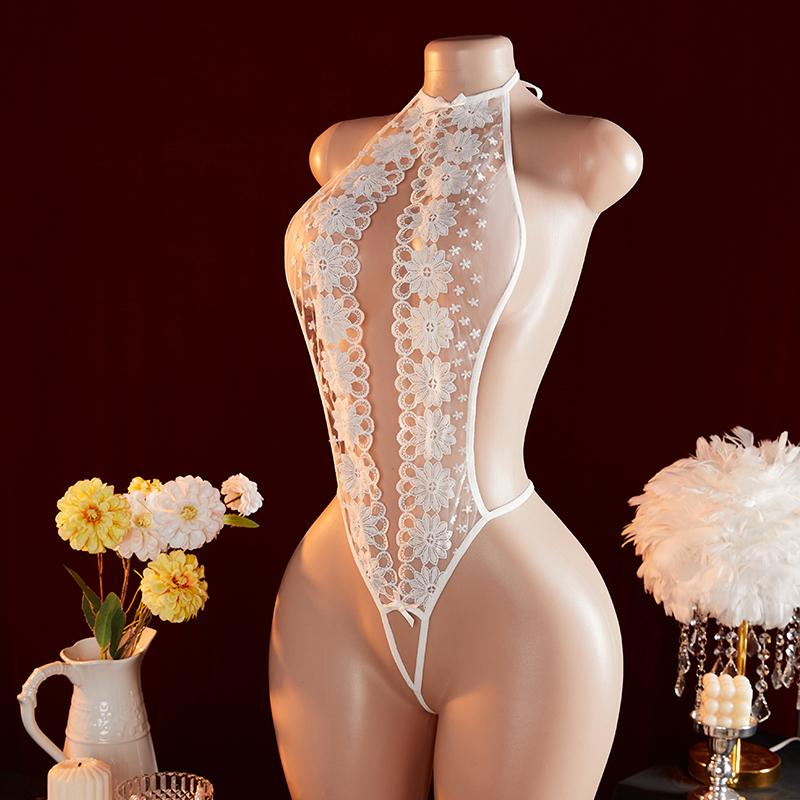 White Sexy Crotchless Lingerie Erotic Lace Outfit Babydoll Deep V Underwear Crotchless Women Exotic Bodysuit Pajamas Costumes
