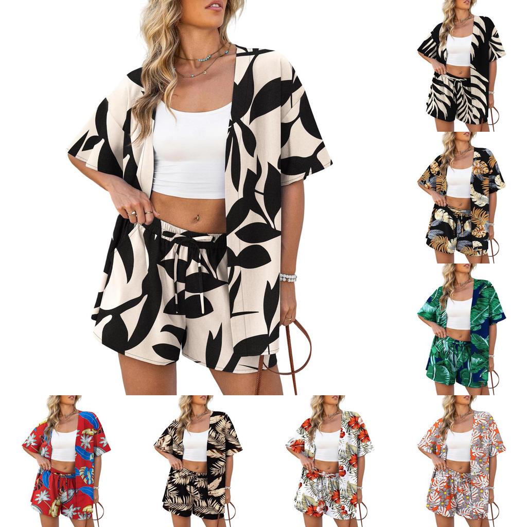 Women's Casual Vacation Printed Open Front Cardigan and Shorts Set Lightweight Summer Two Piece Outfit for Daily Wear and Outdoor Activities