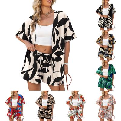 Women's Casual Vacation Printed Open Front Cardigan and Shorts Set Lightweight Summer Two Piece Outfit for Daily Wear and Outdoor Activities