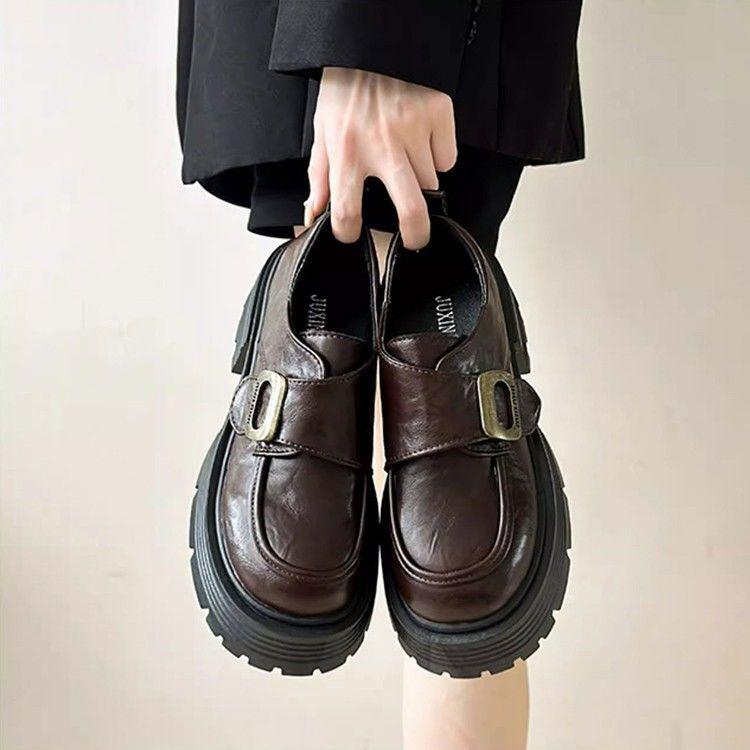 Platform women's autumn new retro round head thick heel small leather shoes Velcro high heel muffin single shoes