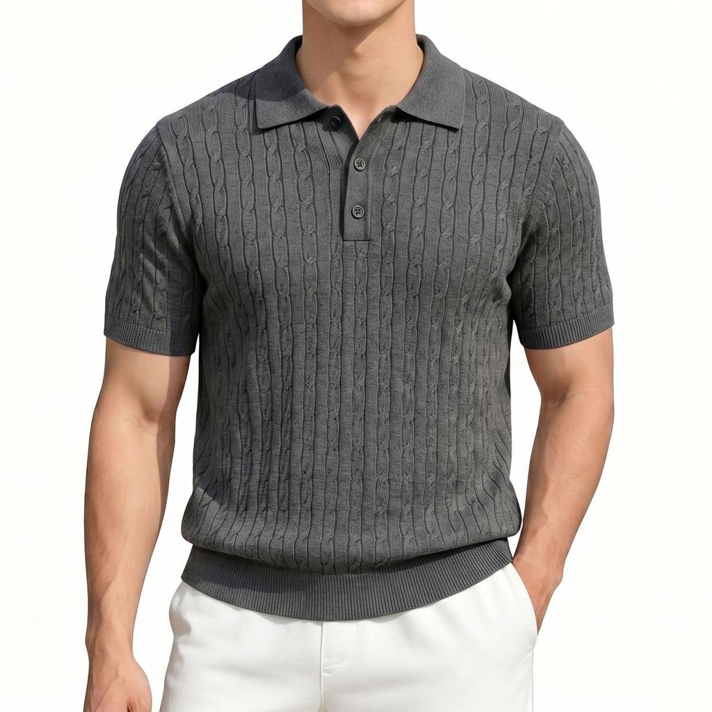 Men's Short Sleeve Polo Shirt Cable Knit Pattern Casual Lightweight Breathable Summer Top Buttoned Neckline