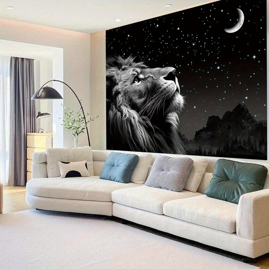 1pcs Cool Lion Tapestry, Space Stars Moon Tapestry, Exquisite Black Tapestry Wall Hanging for Bedroom Living Room Polyester