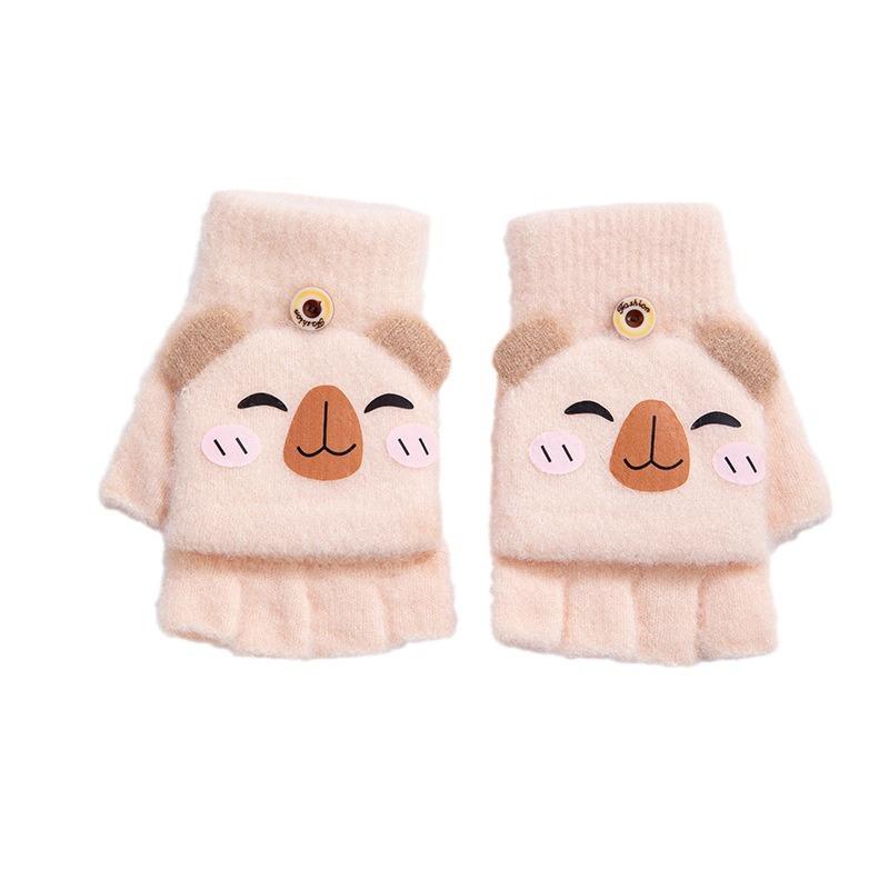 1 Pair Kids Flip Mittens with Finger Caps Winter Warm Gloves with Cartoon Print Breathable Five-Finger Design for Boys Girls