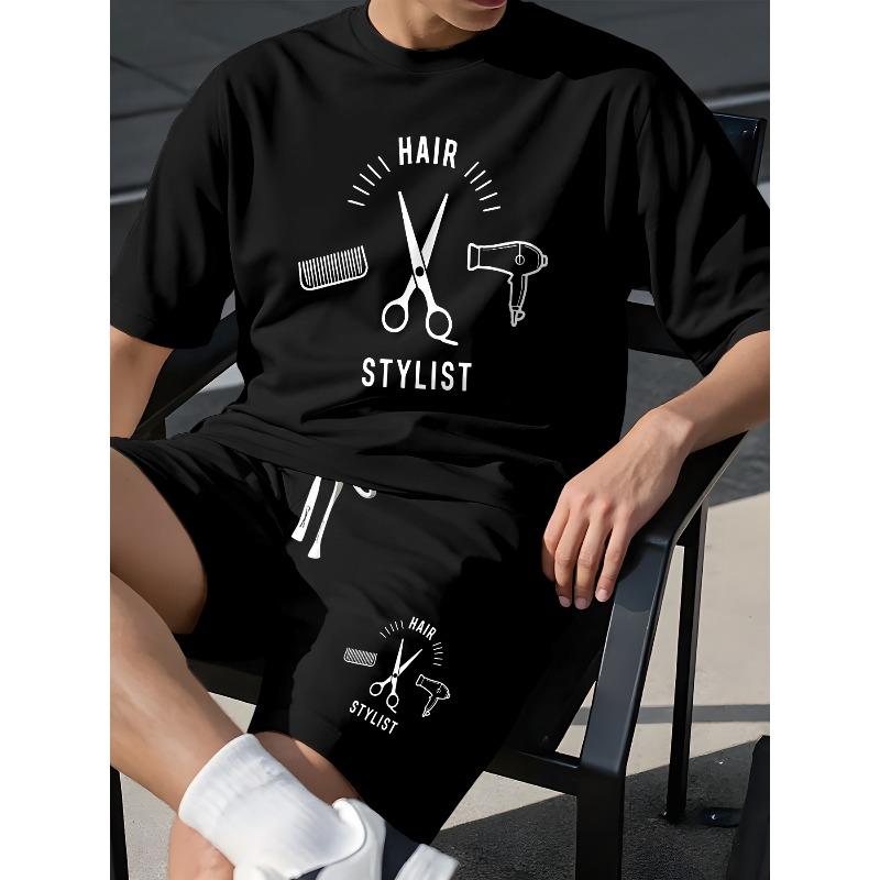 European Size Men's Summer T-Shirt  , Barber Pattern Element Versatile  Outfit, Casual Short Sleeve Top, Trendy Leisure Sportswear