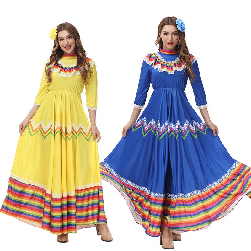 Adult Women National Mexican Ethnic Dance Maxi Long Dress Headwear Halloween Cosplay Costumes Role Play Outfit