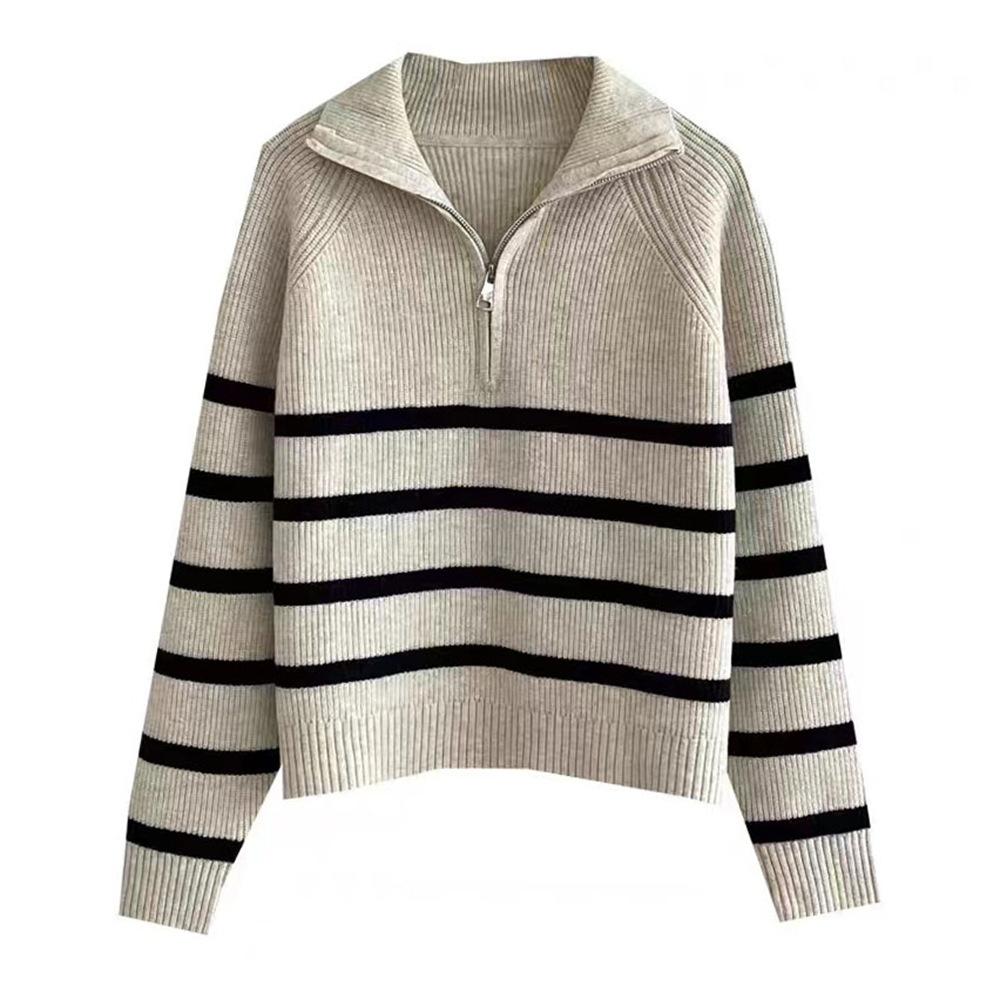 Half-height Zipper Lapel Sweater, New Autumn and Winter Color Striped Knitted Base Layer for Women