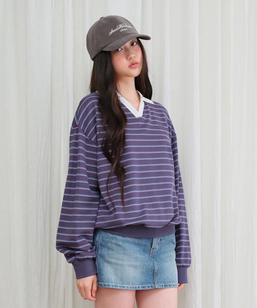 AMES-WORLDWIDE V Neck Collar Stripe Sweatshirt Purple