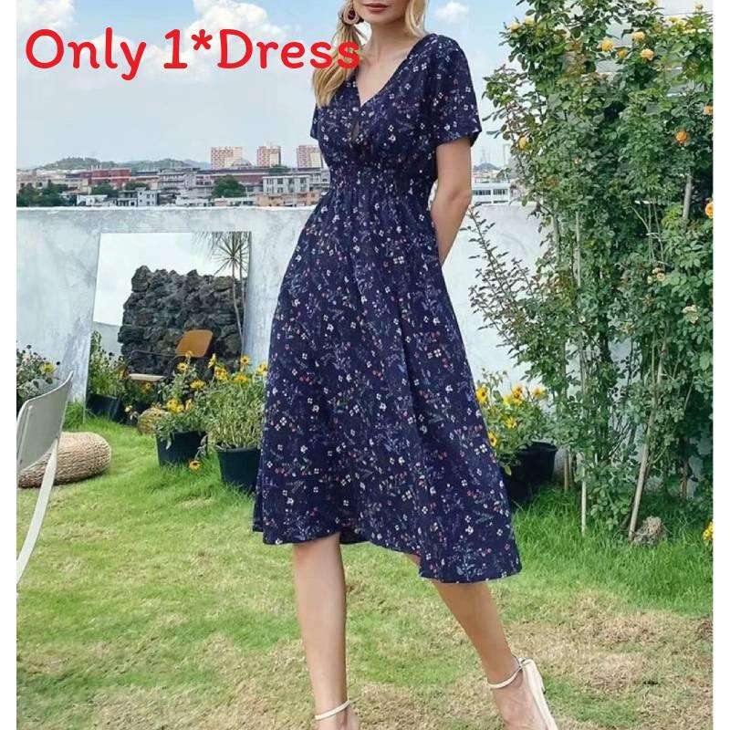 Polyester Floral Print A Line Dress With V Neck For Summer Casual Women