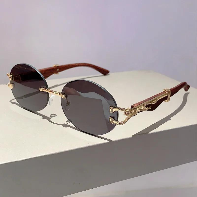 New Luxury Designer Vintage Rimless Oval Sunglasses Women Men Trendy Punk Metal Leopard Eyeglasses