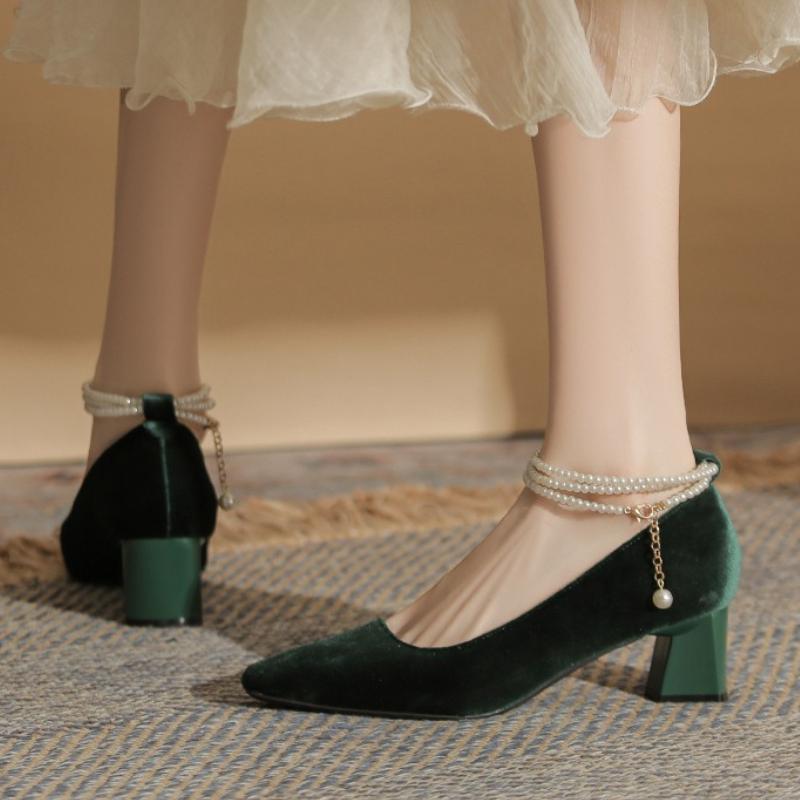 Luxury String Bead Ankle Buckle Design Pumps Women Cozy Shallow Pointed Toe Satin High Heel Sandals Elegant Evening Dress Shoes