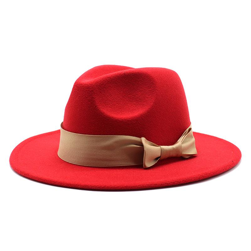 2020 Woolen Top Hat Men'S And Women'S Flat-Brimmed Big Eaves Hat Solid Color Versatile Bow Straight Edge Jazz Hat 22 Colors