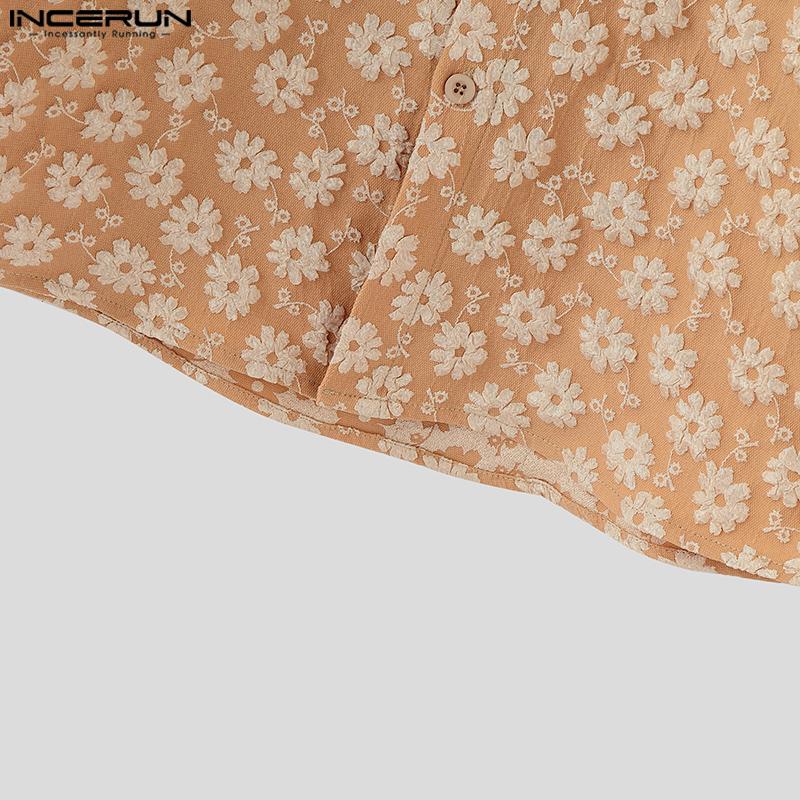 INCERUN Oversized Men Collarless 3/4 Sleeve Flowers Texture Casual Tunic Tops Shirts
