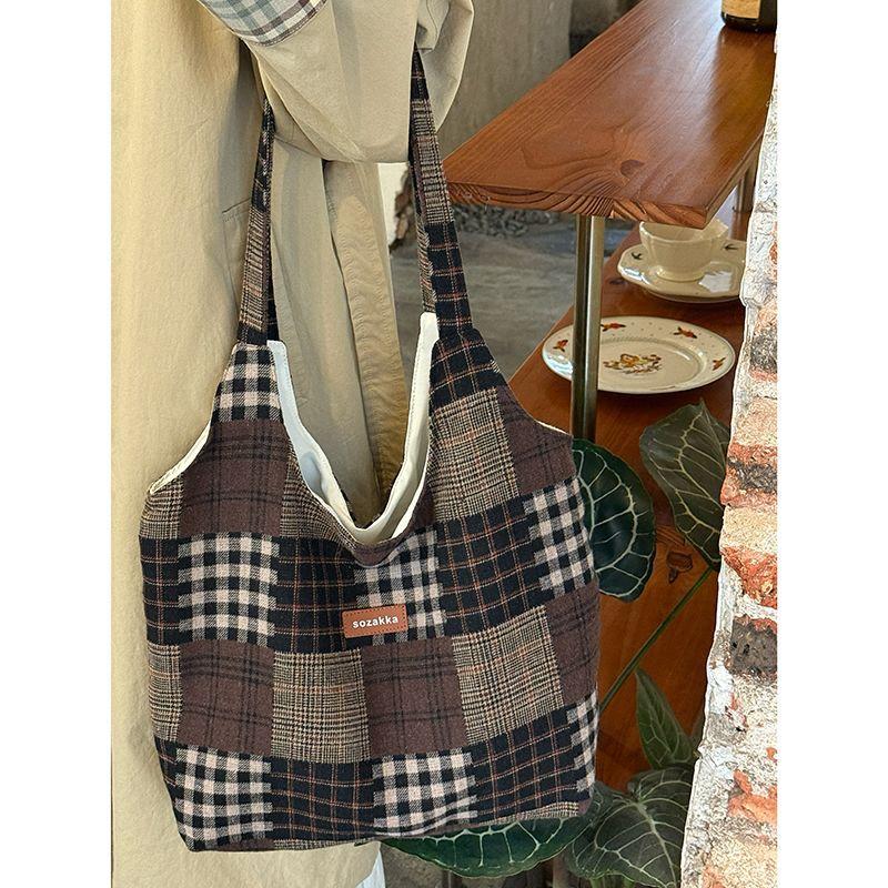 Retro Check Pattern Patchwork Tote Bag - Large Capacity Hand-held Shoulder Bag