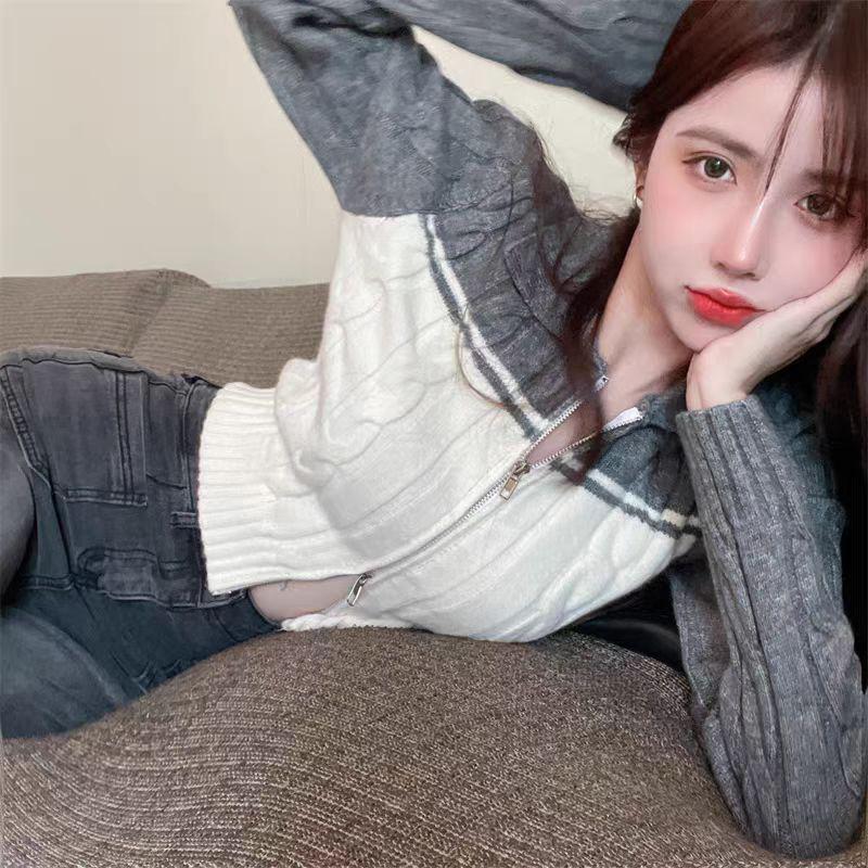Spicy Girl Polo Collar Cropped Knit Cardigan Sweater - Women's Autumn Long Sleeve Slit Top