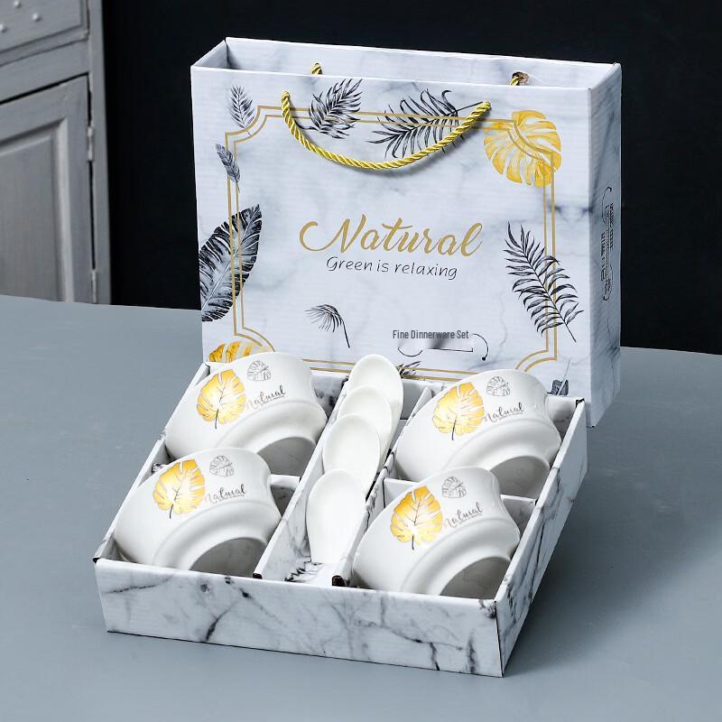 Nordic Style Golden Leaf Ceramic Bowl & Spoon Gift Set