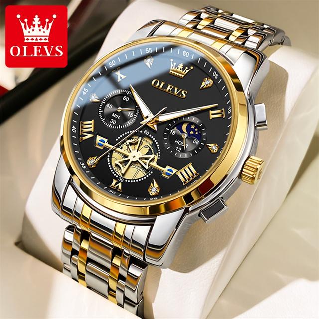 OLEVS Original Quartz Watch for Men Trendy Skeleton Flywheel Design Waterproof 24 Hour Moon Phase Chronograph Men's Watches 2856