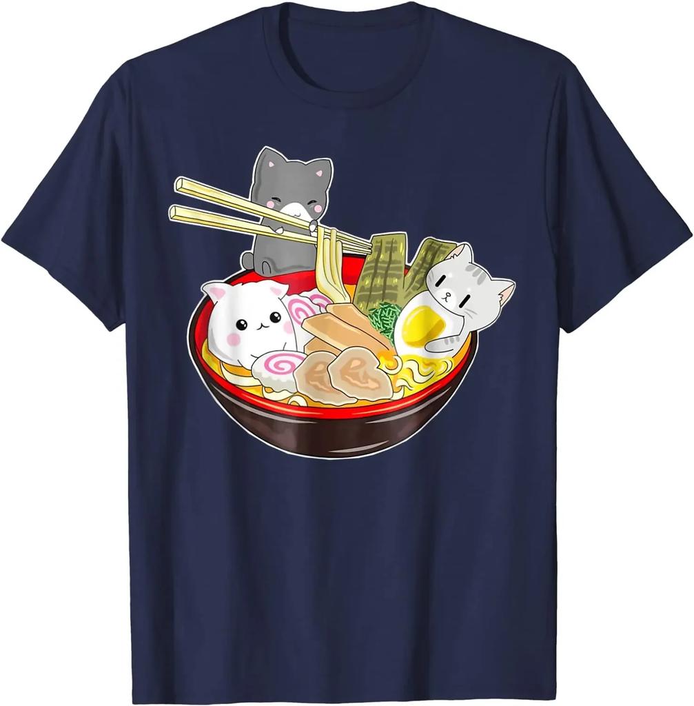 Great Kawaii Japanese Anime Cat Noodle Bowl Gift T-Shirt 100% Cotton O-Neck Summer Short Sleeve Casual Mens T-shirt Size S-3XL