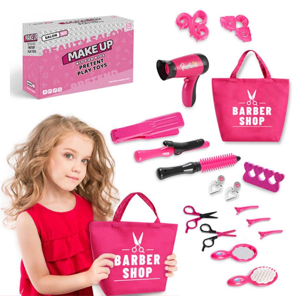Girls Beauty Salon Set Pretend Play Stylist Hair Cutting Kit Hairdresser Toys With Hair Dryer
