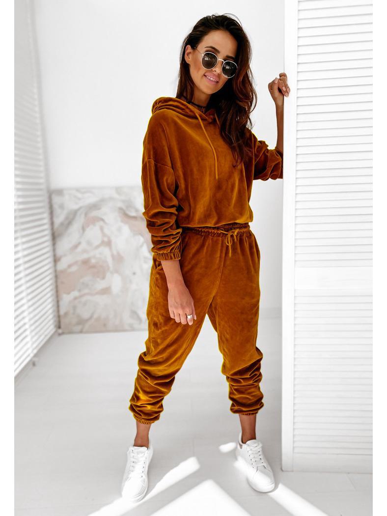 

Женский однотонный повседневный костюм из золотистого бархата с капюшоном - Осень/Зима 2021 M хаки