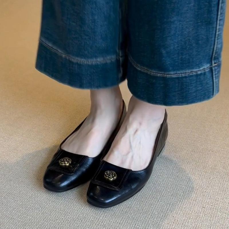 Sheep Pattern Version~ Retro Camellia Simple One-pedal Mary Jane Shoes Women's Shallow Mouth Leather Flat-soled Single Shoes