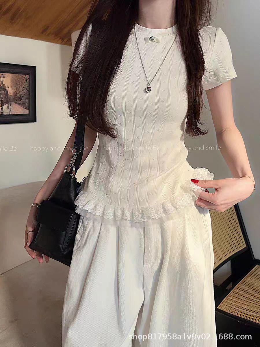 

Korean Lace Heart Jacquard Short Sleeve Knitted T-shirt - Women s Petite Slimming Summer Top Extra Large