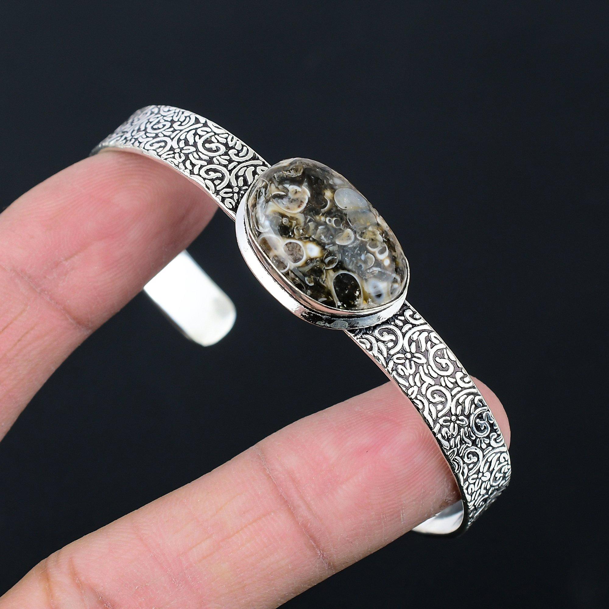 

Daughters Day Sale Sterling Silver Natural Turritella Agate Wife Bangle Jewelry Adjustable