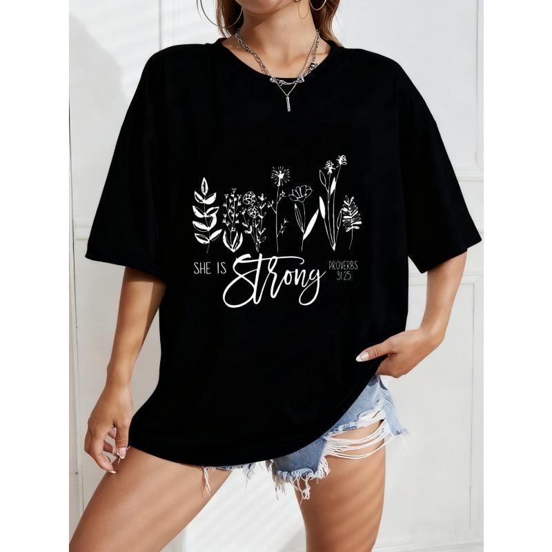 White Oversized T-Shirt With Floral Design And She Is Strong Text For Casual Wear