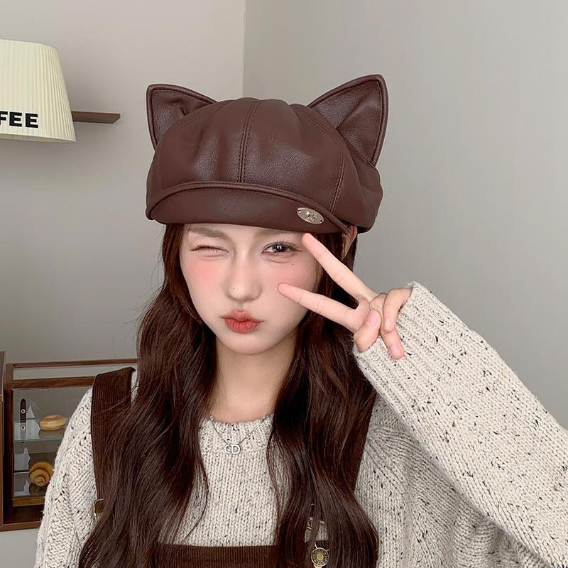 New Leather Octagonal Hat for Women In Spring and Autumn Retro Solid Color Duck Bill Cloud Beret with Face and Small Personality Painter Hat