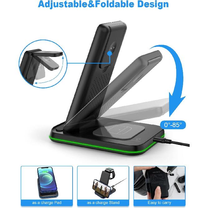 Foldable Wireless Charger for Multiple Devices 3 in 1 Wireless Charging Station for Travel, Compatible with iPhone 16 15 14 13 12 11/Pro/XR, Charging