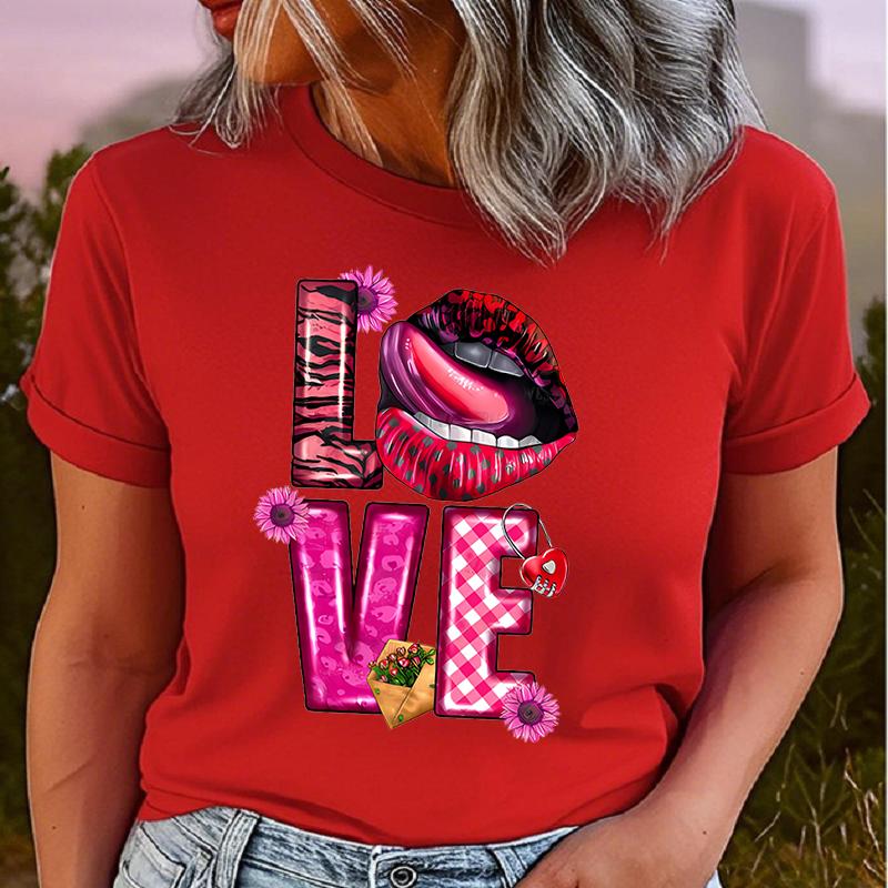 Polyester 100% Lip Love Men's and Women's Short-sleeved Clothing Round Neck Short Sleeve T-shirt, Knit Graphic Women Clothes Summer