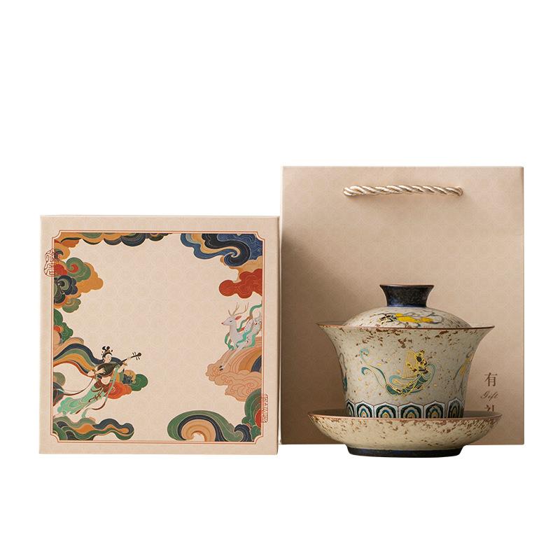 Feitian Dunhuang Household Ceramic Sancai Cover Bowl Single High-end Tea Bowl Anti-scalding Kung Fu Tea Set Holiday Souvenir