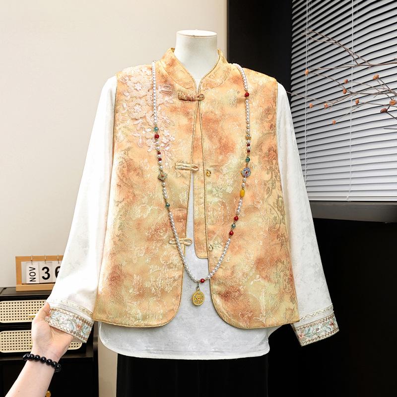 Frühlings-Damen-Zweiteiler im chinesischen Stil mit Froschknöpfen und besticktem Jacquard-Weste