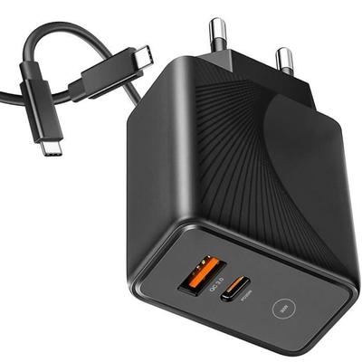 30W 2-in-1 PD 20W+QC 3.0 USB-C Charger with 1M USB-C Cable for Samsung M52 5G M33 5G M32 M23 5G M13 - Black