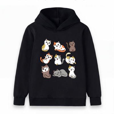 Cute Cartoon Cat Print Kids Hoodie, Soft Pullover Hooded Sweatshirt for Boys Girls, Casual Warm Outerwear for Daily Wear 3-12 Years Old