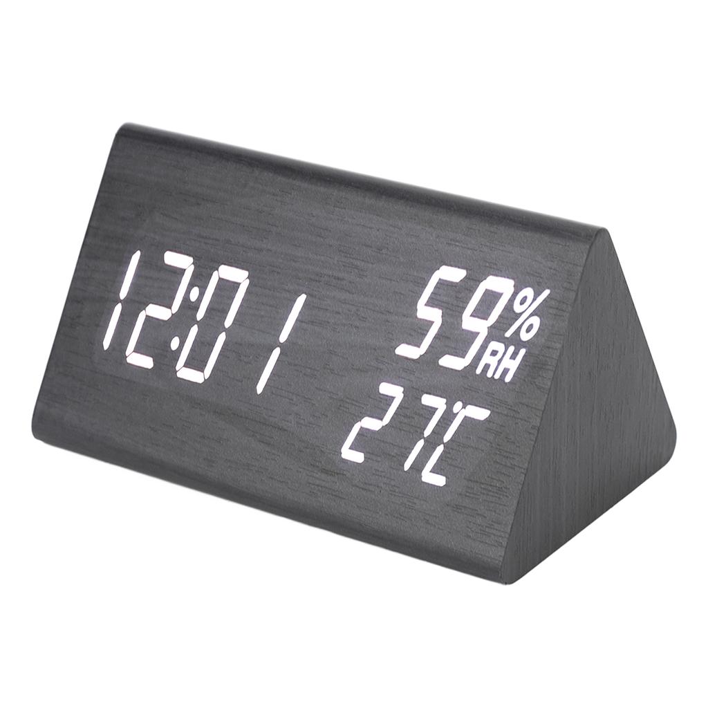 Wooden Digital Alarm Clock Triangular Voice Control Electronic LED Clock for Bedroom Office Black Wood White Letter