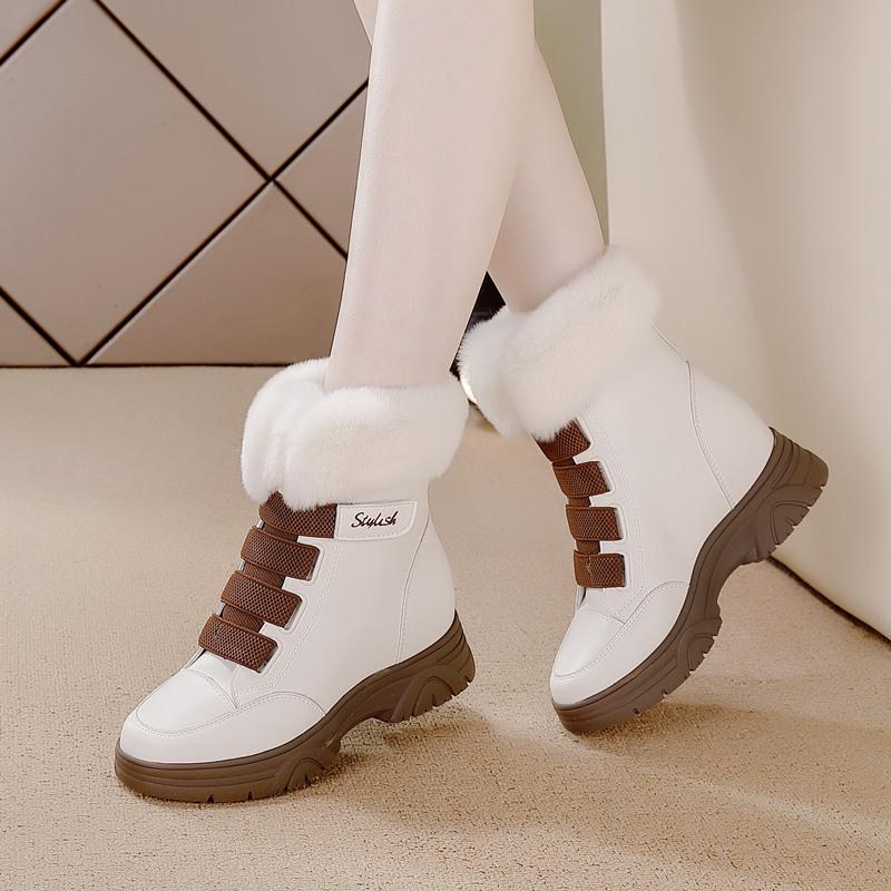 Real rabbit fur medium tube snow boots women's winter new warm cotton boots inner height increase thick bottom casual Velcro women's boots