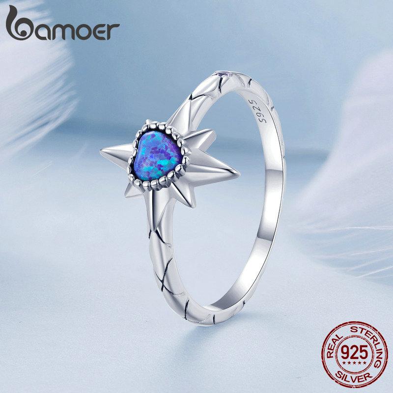 BAMOER 925 Sterling Silver Purple Heart-shaped Opal Astral Ring  for Women Original Design Jewelry