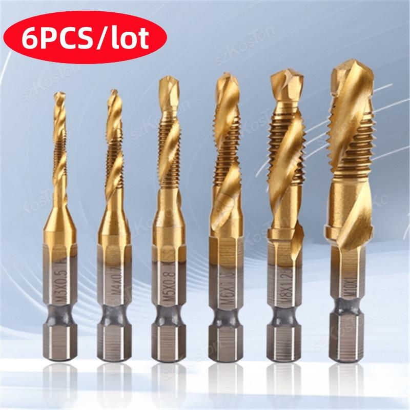 6Pcs/lot Tap Titanium Coated Drill and Tap Set Metric Thread HSS M1-M11 Screw Tapping Bit Tool 1/1 Hex Shank Hand Tools