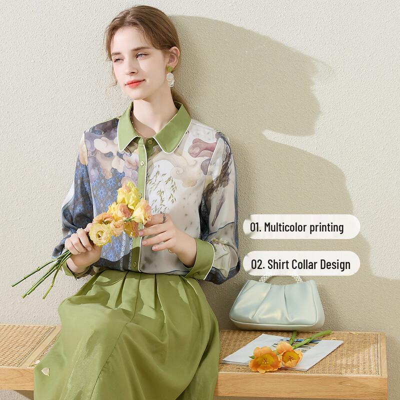 TUHUANG Women's 19 Momme Silk Ink Wash Print Shirt