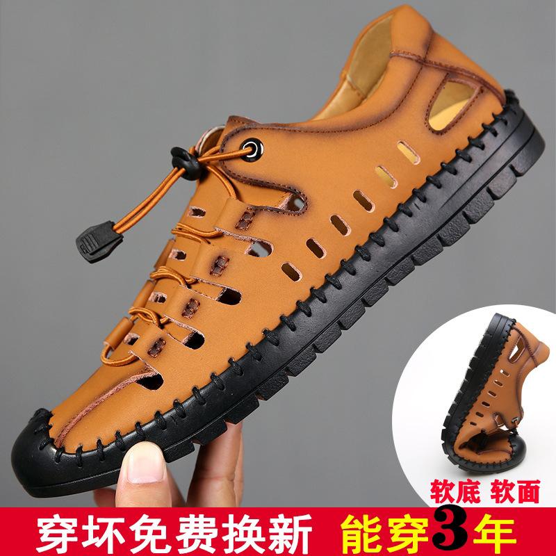 Sommer Herren Sandalen Strand Outdoor Leder Sandalen Herren Hohlloch Schuhe Weiche Sohle Atmungsaktiv Freizeit Schuhe Herren